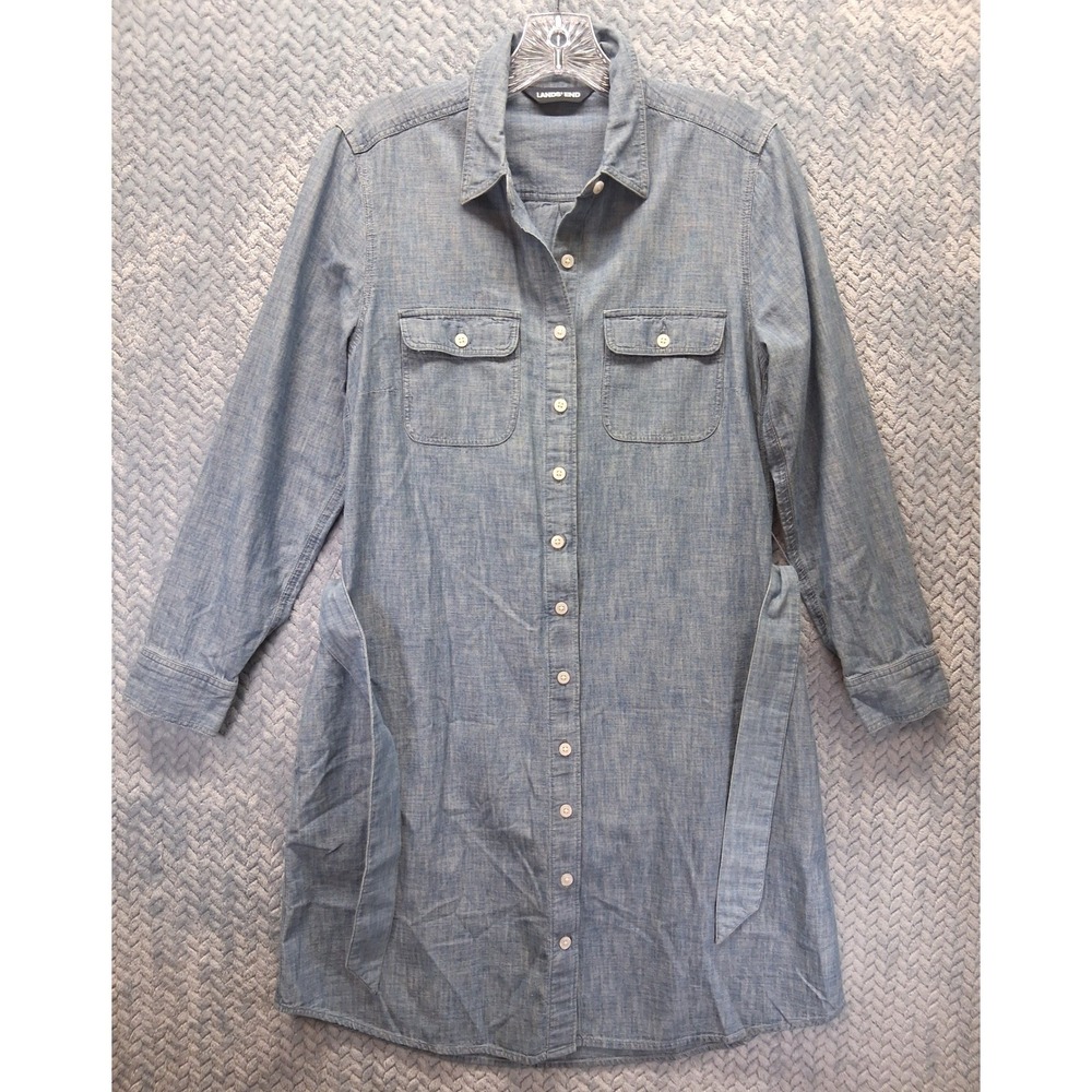 Lands End Womens Blue Chambray Cotton Button Front Belted Shirt Dress Pockets